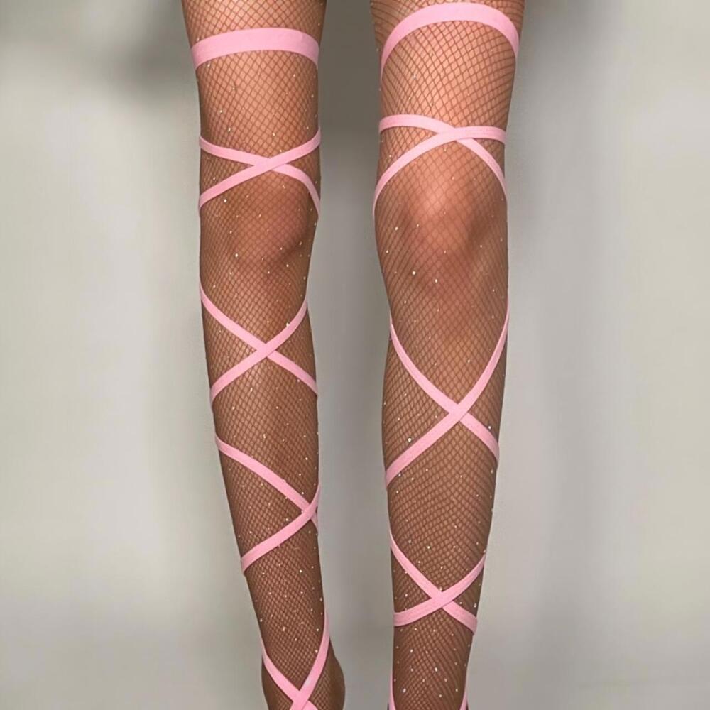 Diamanté Embellished Chocolate Fishnet Pantyhose Curve-Clinging Tights